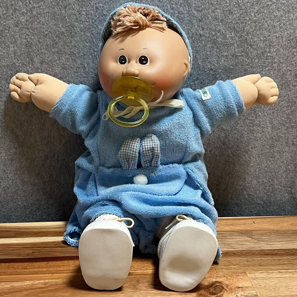Vintage Cabbage Patch Kid Preemie Boy Doll Pacifier Brown Eye Hair Bunny Outfit